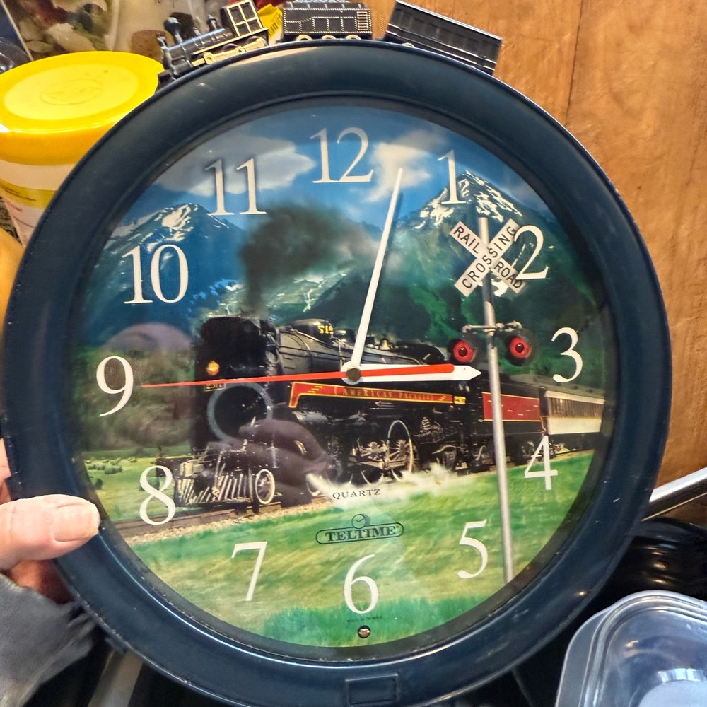 Vintage Train Wall Clock with Blue Frame